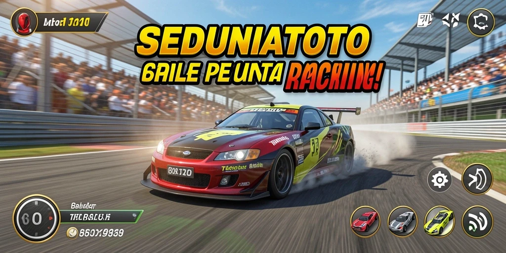 Tampilan gameplay SEDUNIATOTO dengan mobil balap mendebarkan.